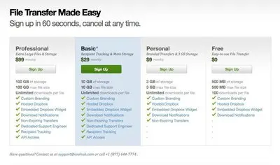 Pricing Tables example from onehub.com