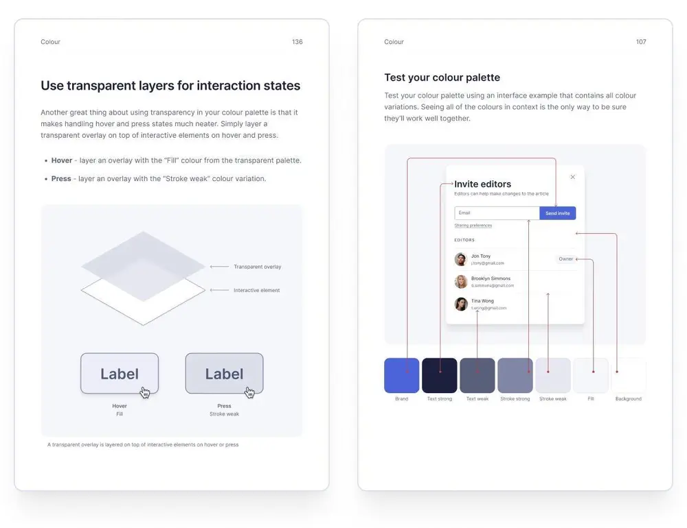Two beautifully designed pages of the Practical UI book by Adham Dannaway