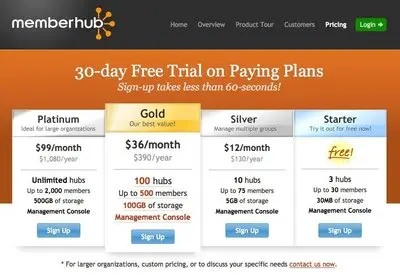 Pricing Tables example from memberhub.com