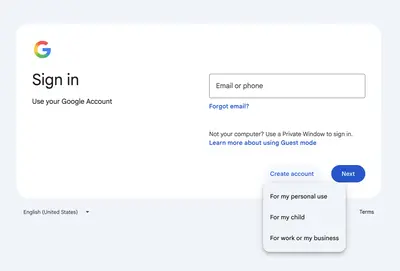 Account Registration example from google.com