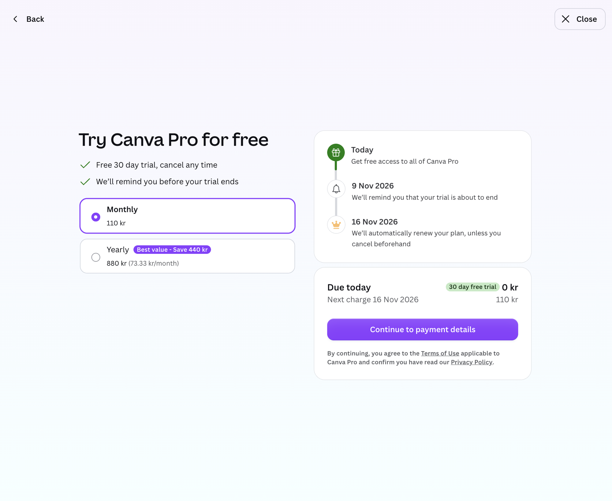 Canva shows a timeline of when the trial reminder and charge happen.