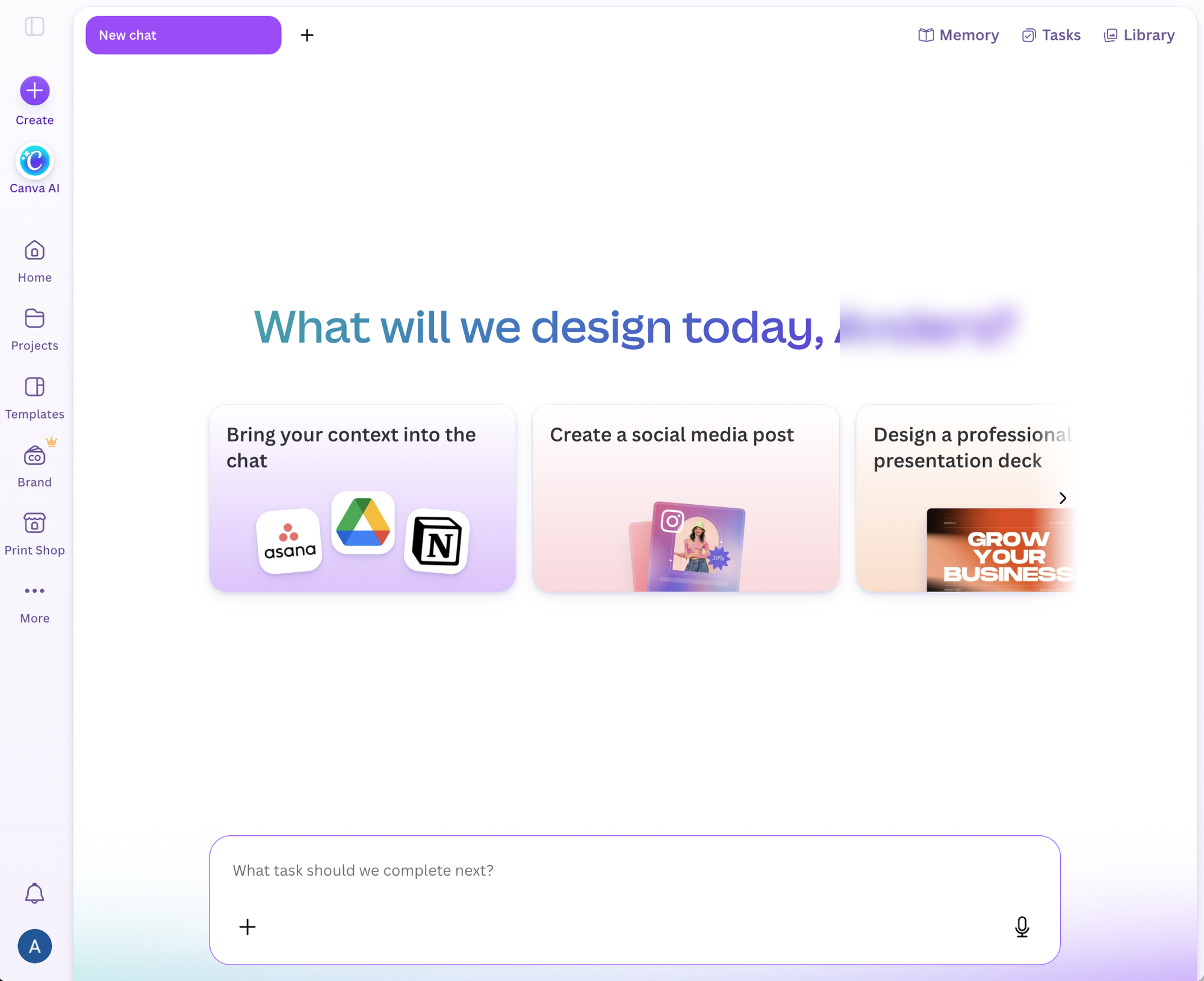 Canva’s AI home offers suggested prompts and asks you to bring your context into the chat.