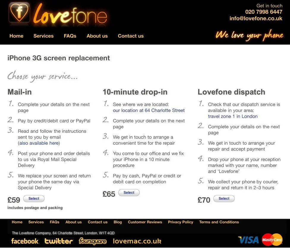 Pricing table at Love Phone