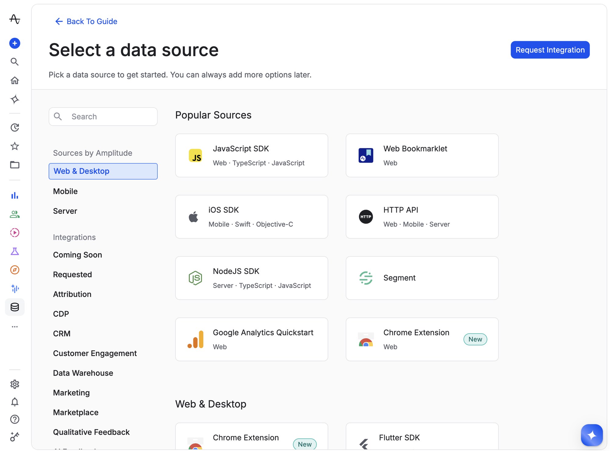 The other route: Amplitude’s list of data sources, grouped by platform, with a search field.