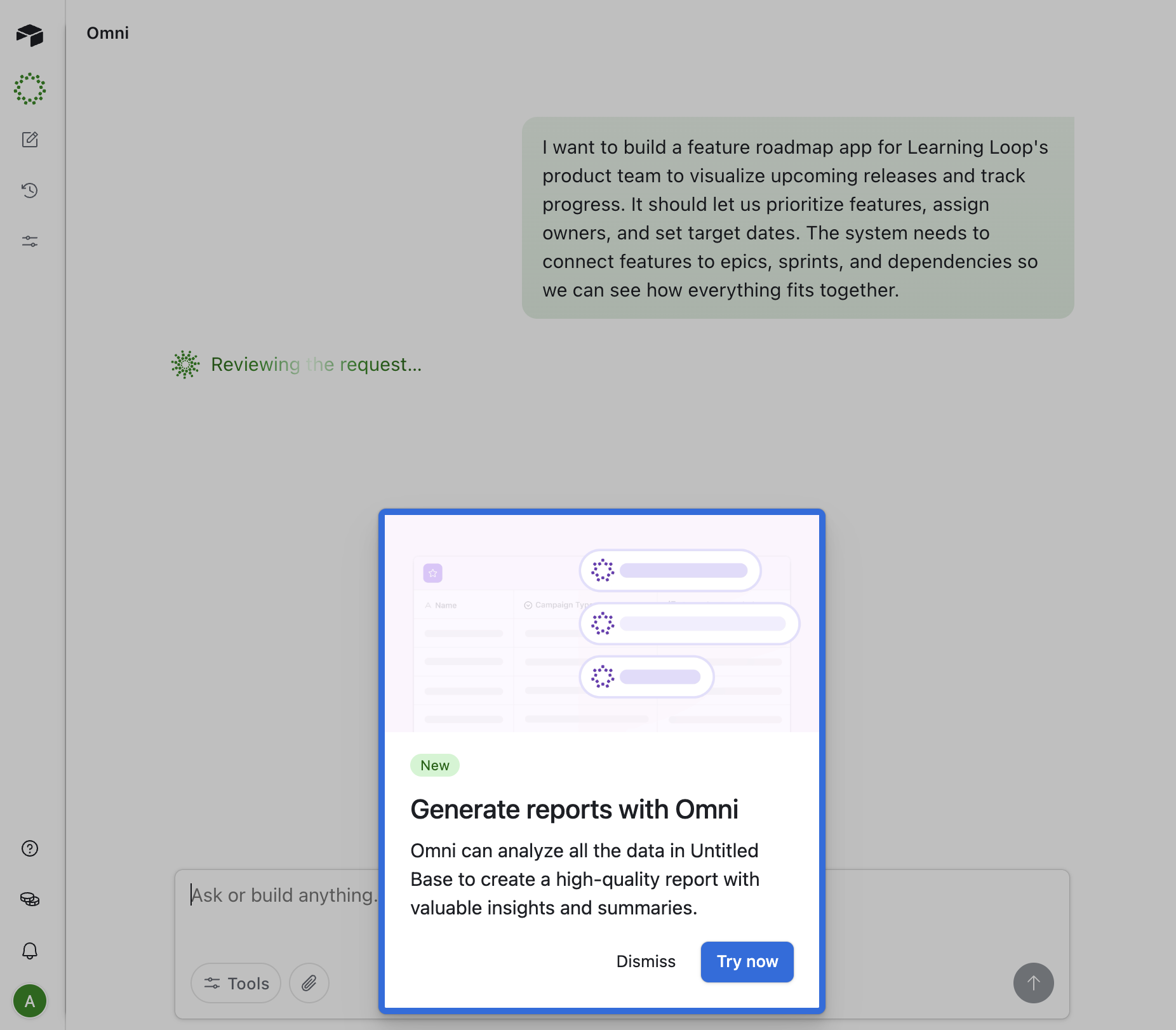 A “New” card inside Airtable introduces report generation with Omni while the user is already working in the assistant.