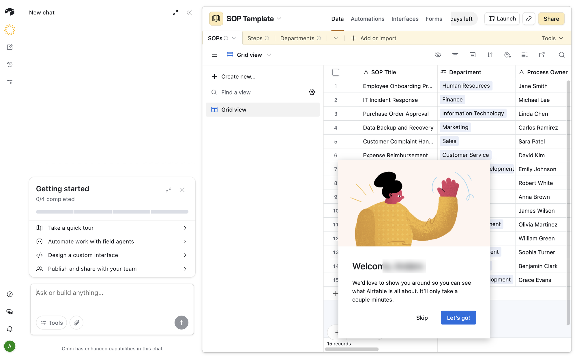 Airtable’s “Getting started” checklist: take a tour, automate work with field agents, design an interface and share with your team.