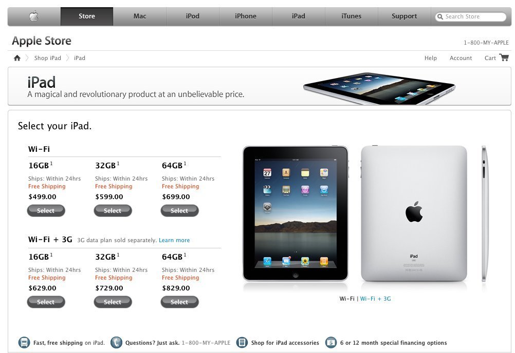 Pricing table for one of Apple's earlier iPads.