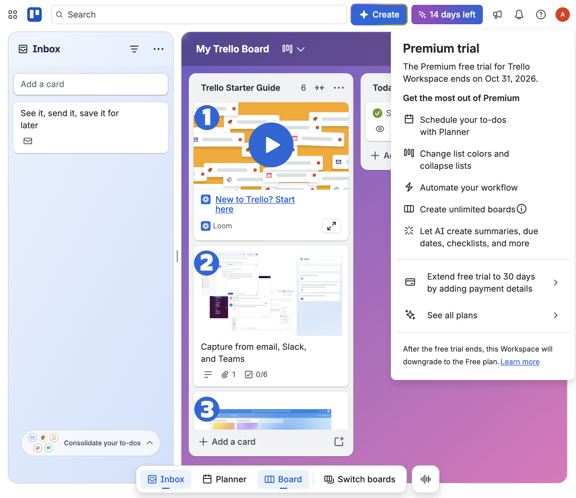 Clicking Trello’s “14 days left” label opens a panel with the end date, what the trial includes, and a note that the Workspace moves to the Free plan afterwards.