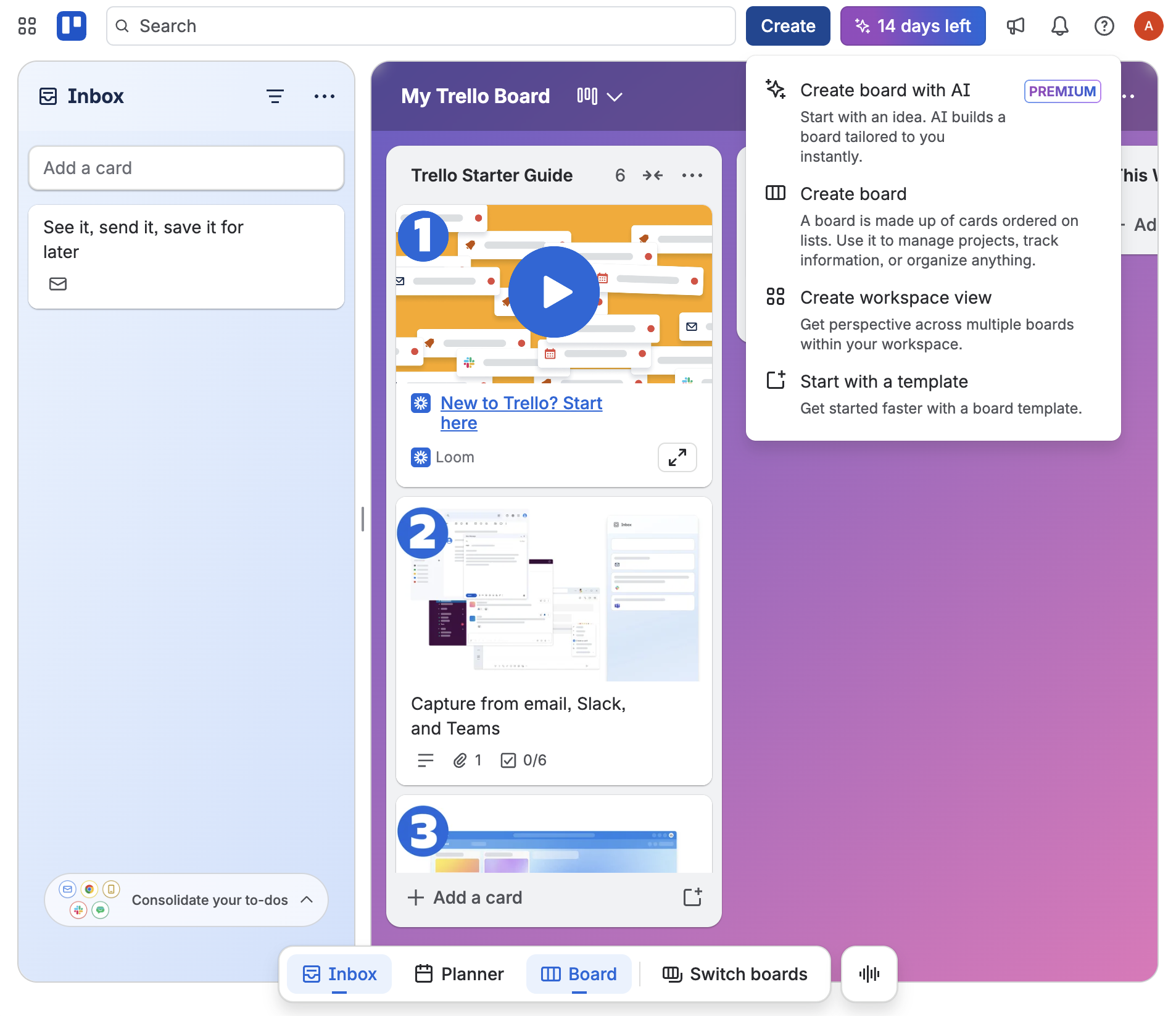 Trello shows the AI option in the Create menu, behind a Premium gate.