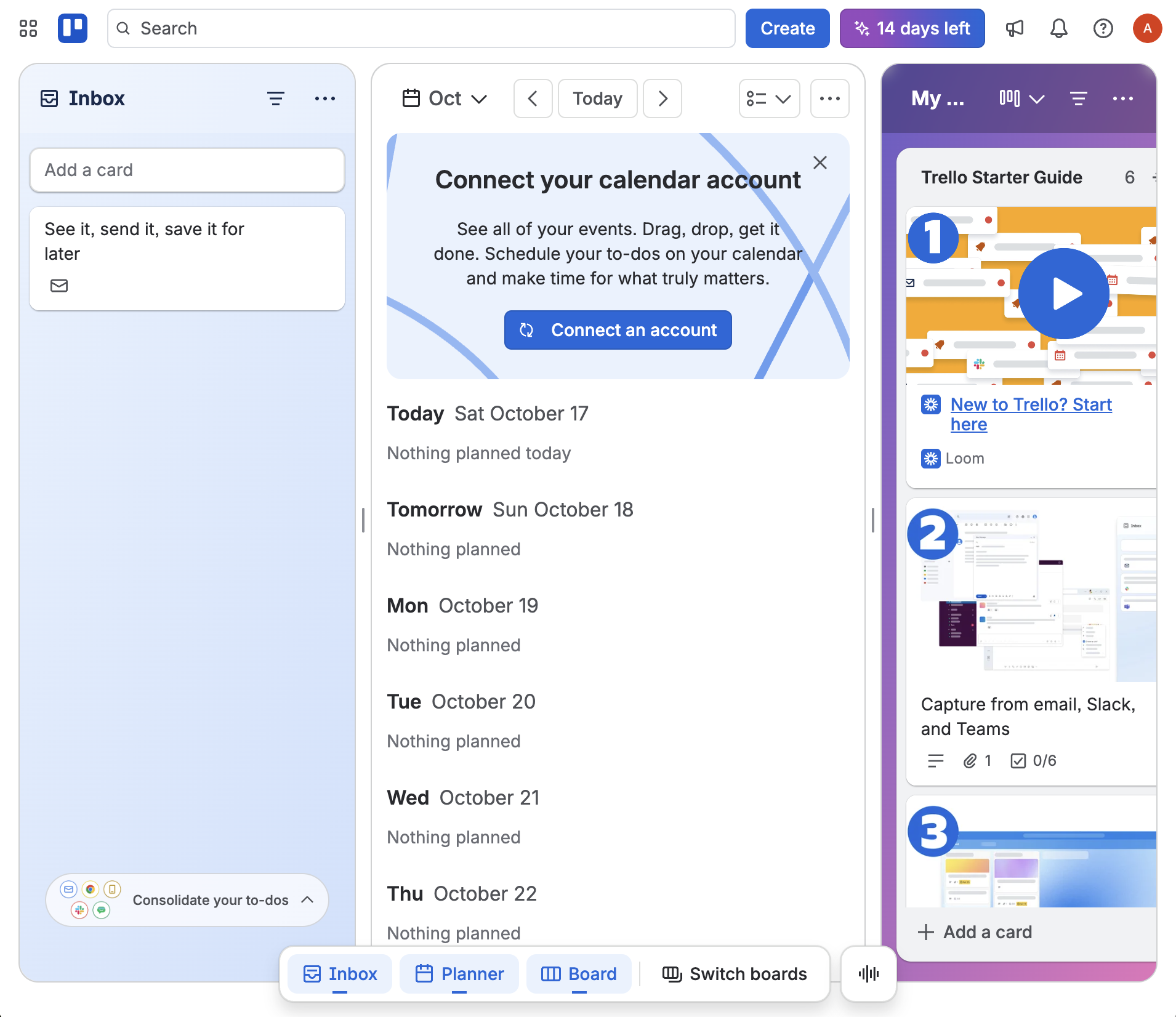 Trello asks to connect a calendar so the planner has something to show.