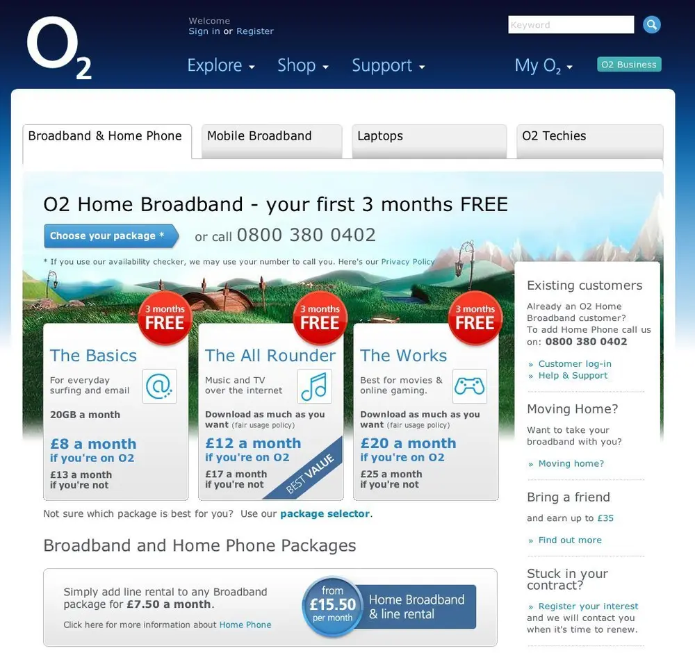 Pricing table at O2