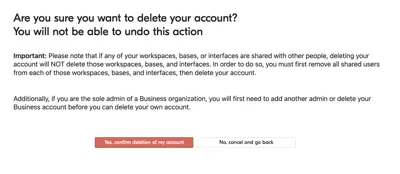 Account deletion example from airtable.com