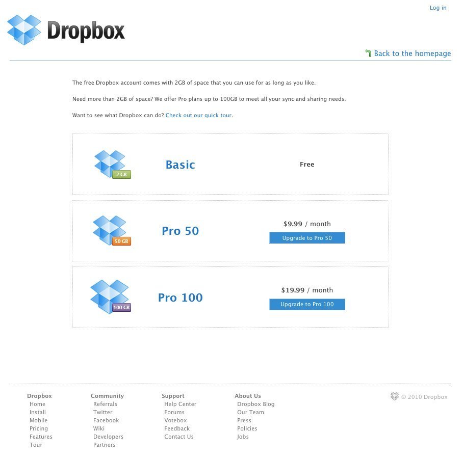 Dropbox' pricing table