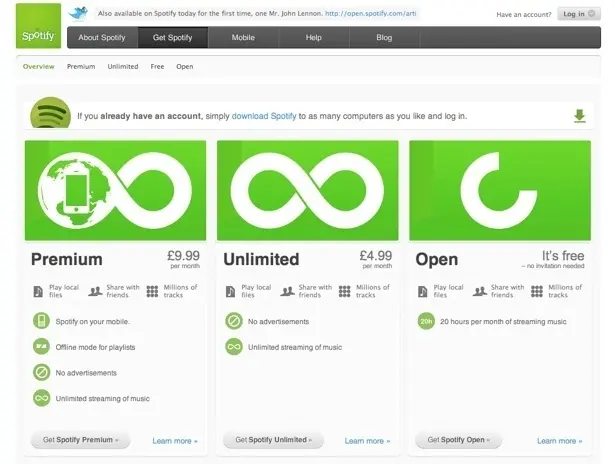 Pricing table at Spotify.com