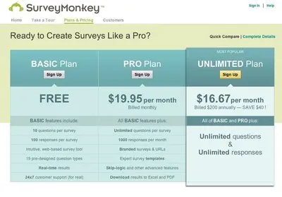 Pricing Tables example from surveymonkey.com