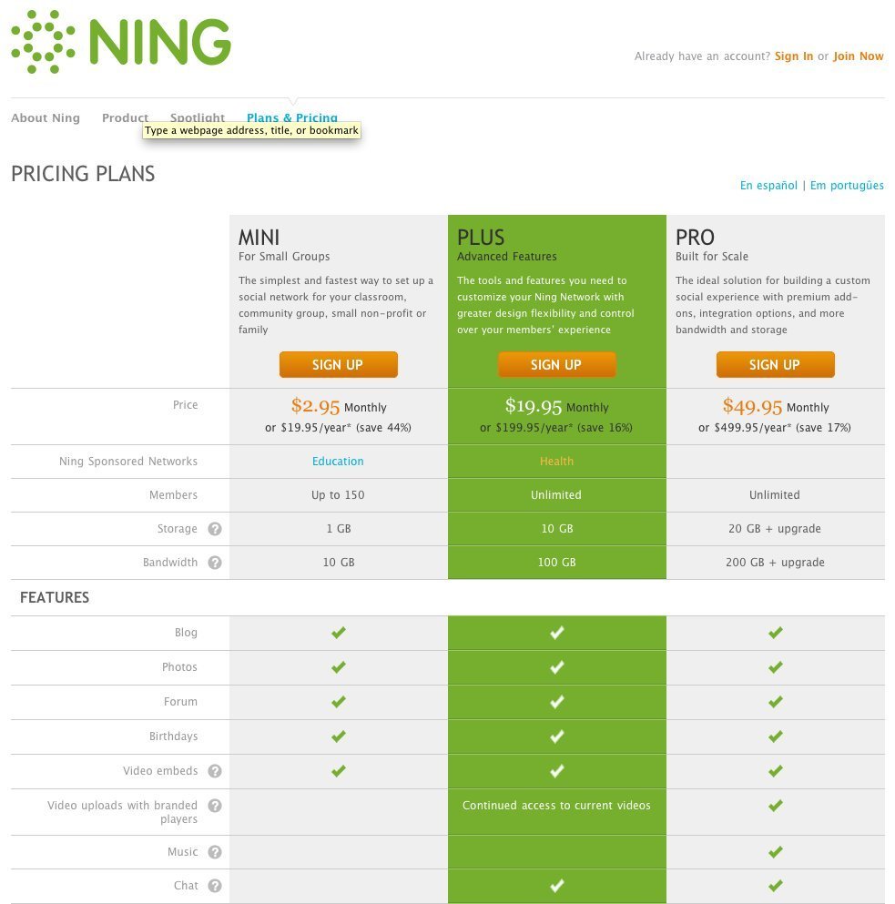 Pricing table at Ning.com