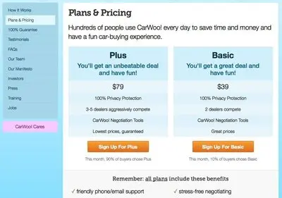 Pricing Tables example from carwoo.com