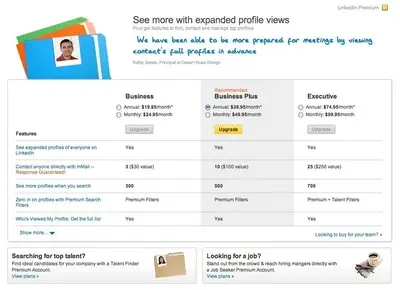 Pricing Tables example from linkedin.com