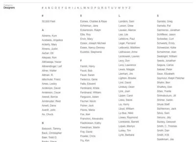 Alphabetic listing example from chicagodesignarchive.org