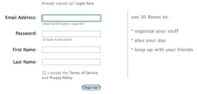 Account Registration example from 30boxes.com
