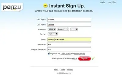 Account Registration example from penzu.com