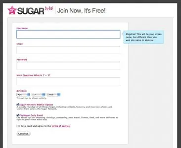 Account Registration example from onsugar.com