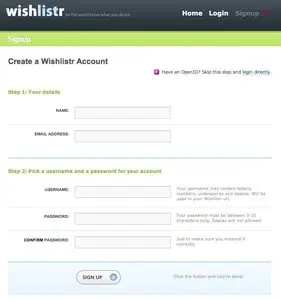 Account Registration example from wishlistr.com