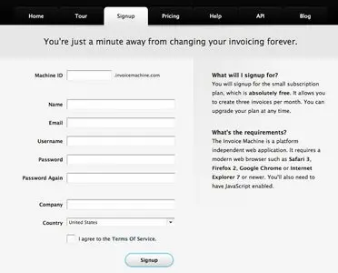 Account Registration example from invoicemachine.com
