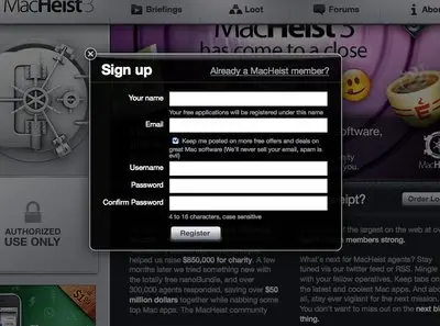 Account Registration example from macheist.com