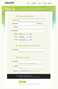 Account Registration example from bigcartel.com