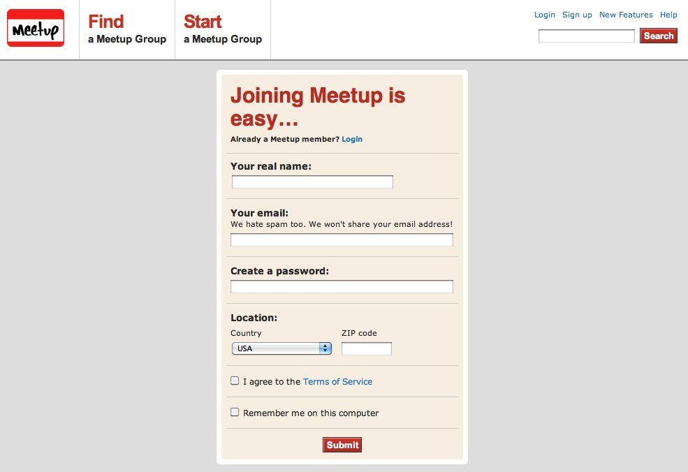Screenshot of meetup.com