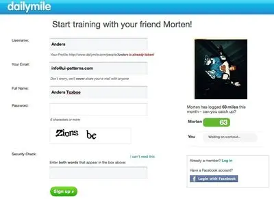 Account Registration example from dailymile.com