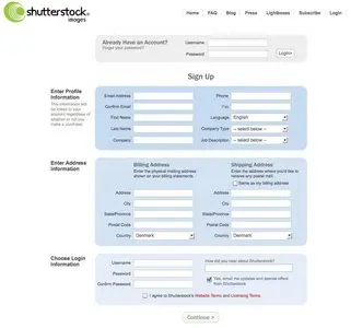 Account Registration example from shutterstock.com