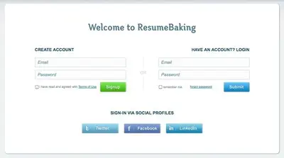 Account Registration example from resumebaking.com