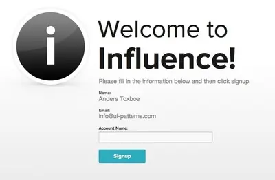 Account Registration example from influenceapp.com