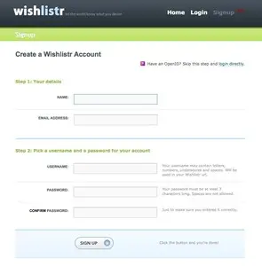 Account Registration example from wishlistr.com