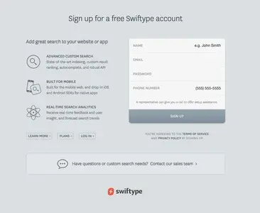 Account Registration example from swiftype.com