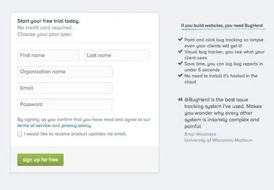 Account Registration example from bugherd.com