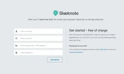 Account Registration example from dashboard.sleeknote.com