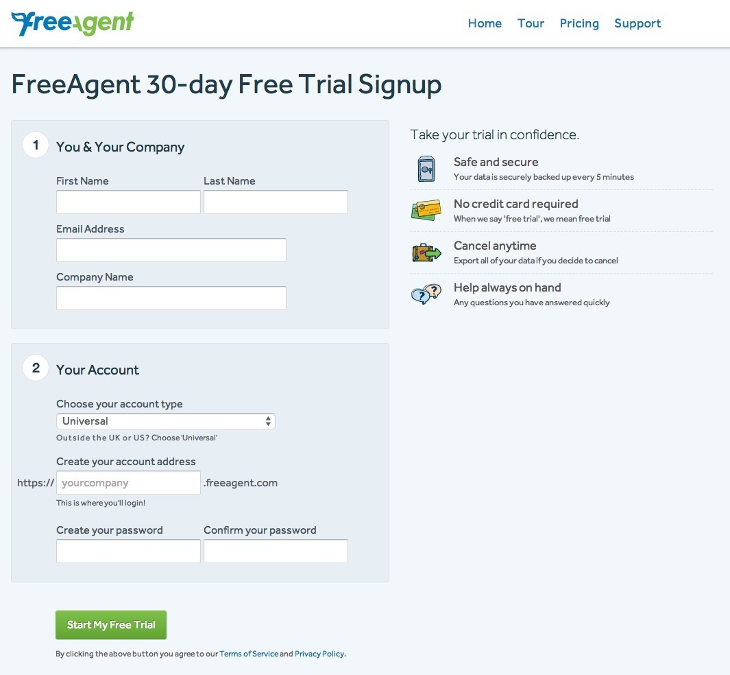 Screenshot of signup.freeagent.com