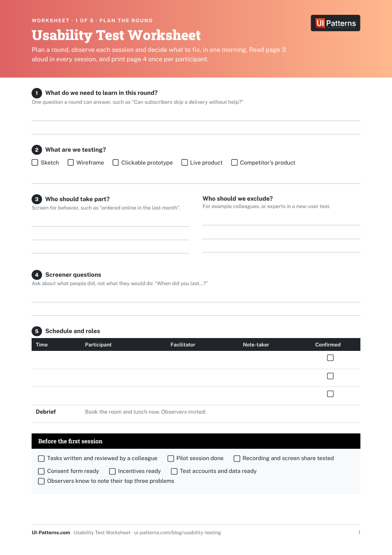 Preview of the Usability Test Worksheet